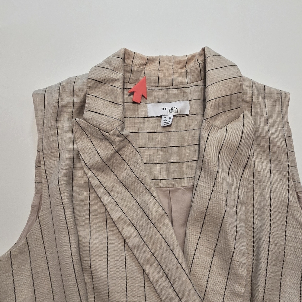 Reiss Andie Neutral Striped Linen Casual Dress Sleeveless V-neck Size 6 - Picture 9 of 14